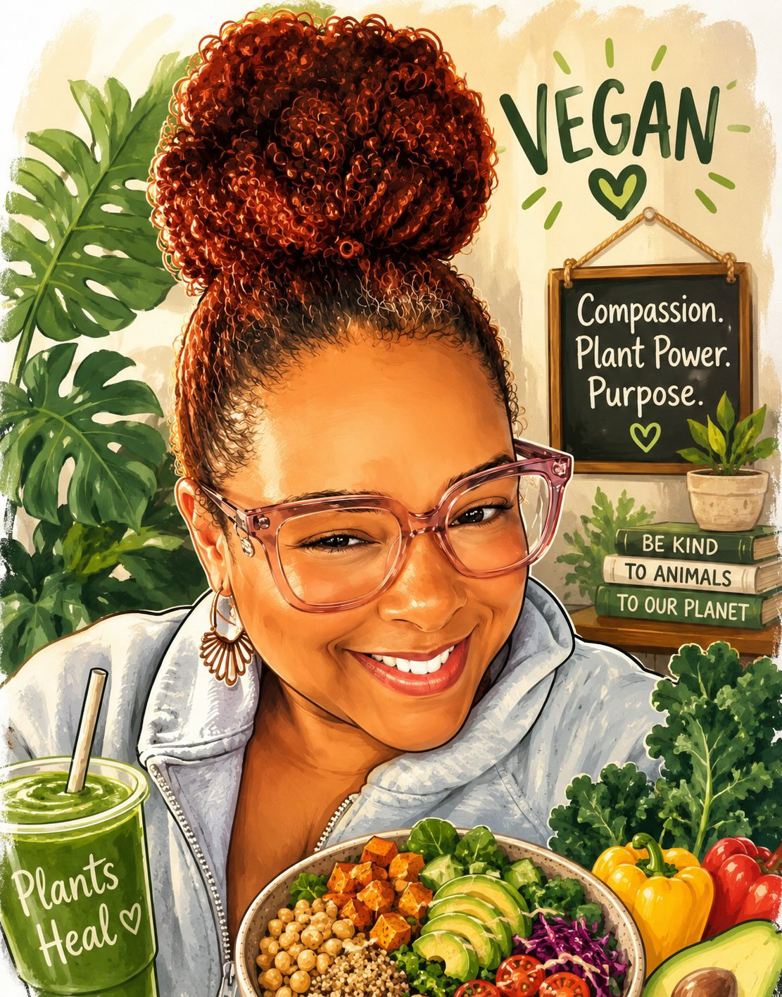 Illustration of DeAna holding a green smoothie beside a buddha bowl, with a chalkboard reading Compassion. Plant Power. Purpose.